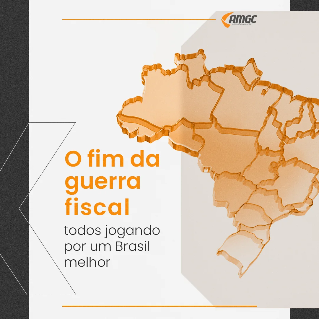 Mapa do Brasil em 3D translúcido laranja em post da AMGC sobre o fim da guerra fiscal