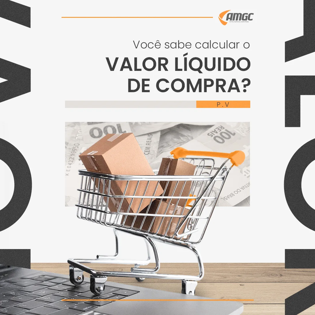 Carrinho de compras em miniatura com caixas sobre cédulas de cem reais em post da AMGC sobre valor líquido de compra