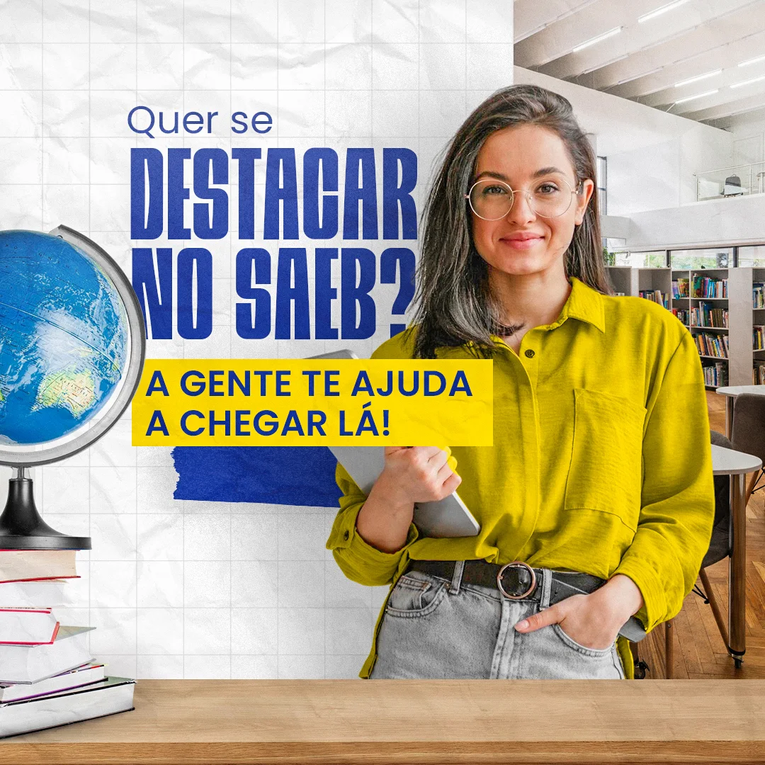Post 'Quer se destacar no SAEB? A gente te ajuda a chegar lá' com mulher de camisa amarela segurando tablet em biblioteca