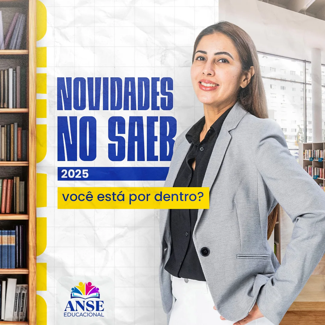Post 'Novidades no SAEB 2025 — você está por dentro?' com mulher de blazer cinza em frente a estante de livros