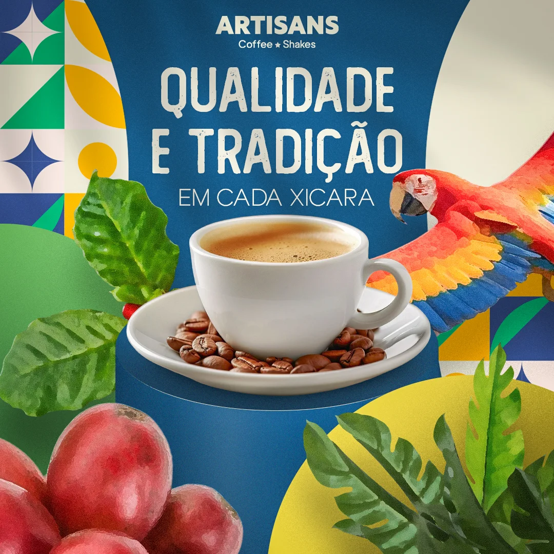 Post da Artisans Coffee ★ Shakes com o mote 'Qualidade e tradição em cada xícara': xícara de café sobre grãos, arara e grafismos geométricos em verde, amarelo e azul.