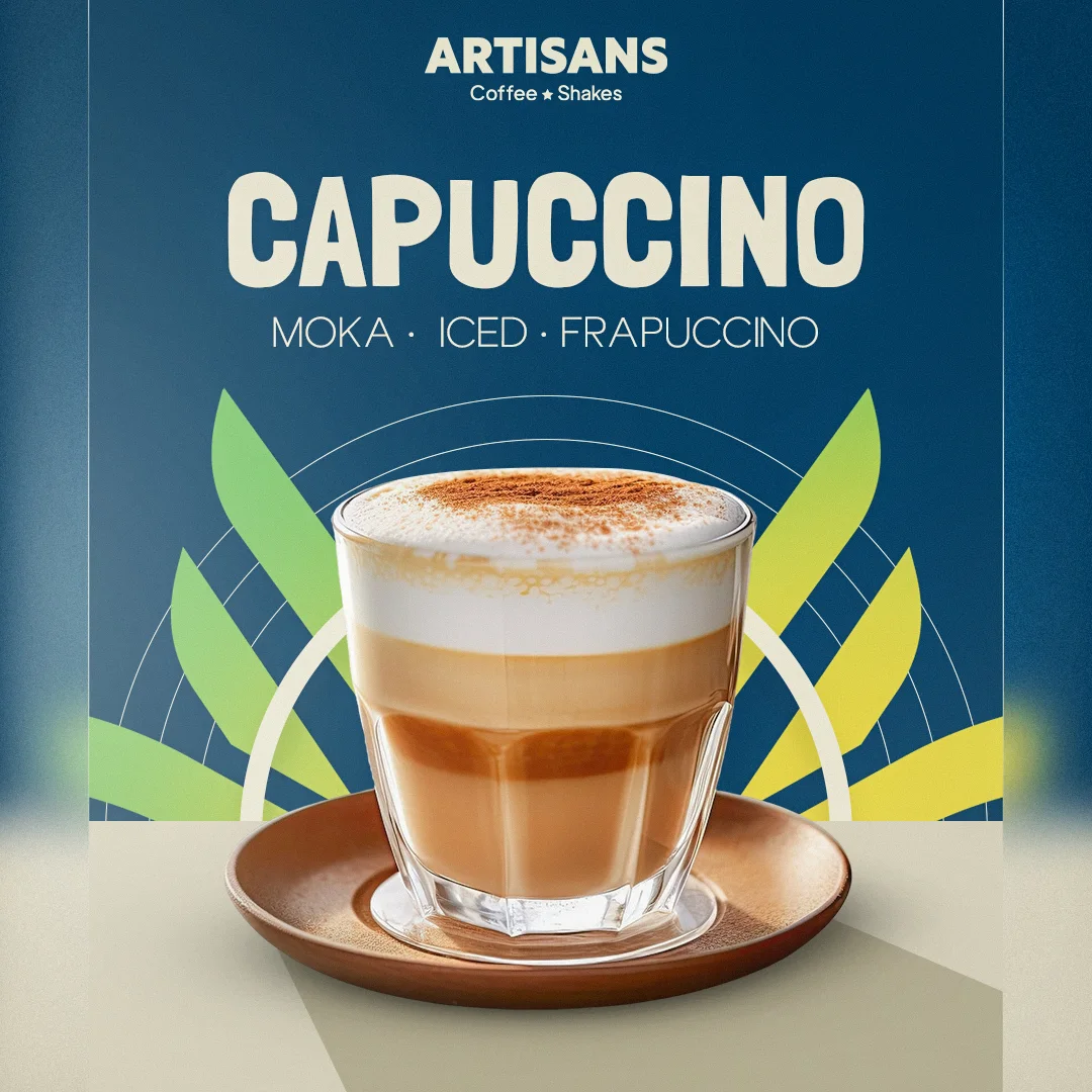 Post da linha Capuccino da Artisans em painel azul sobre fundo creme, com copo de capuccino sobre pires de cerâmica e folhas estilizadas.