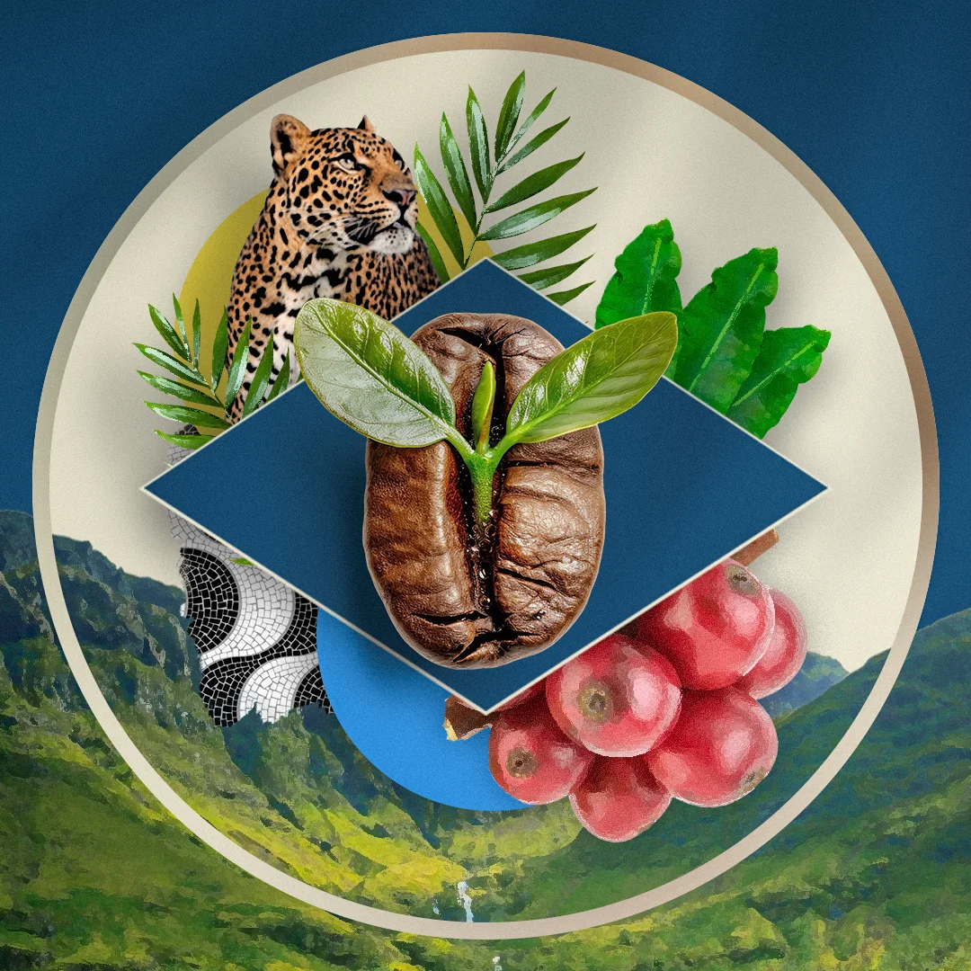 Key visual da Artisans: colagem circular com onça-pintada, grão de café brotando, frutos de café, mosaico de calçadão carioca e montanhas verdes sobre fundo azul.