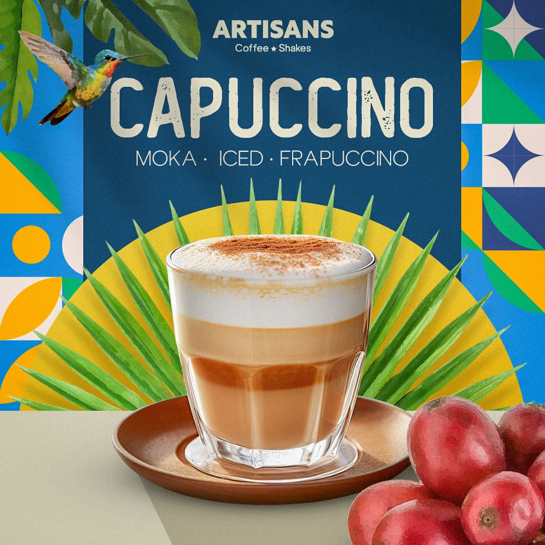 Post da linha Capuccino da Artisans com beija-flor, sol amarelo com folhas de palmeira, azulejos geométricos e copo de capuccino com canela.