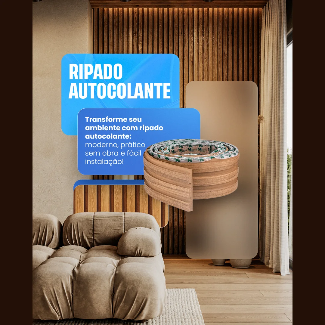 Post de produto do ripado autocolante: rolo do material em destaque sobre sala de estar com parede ripada de madeira