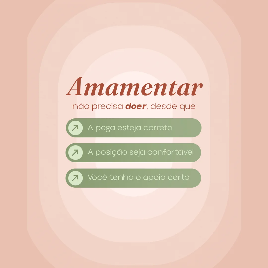 Arte tipográfica em tons de rosé e verde com o título 'Amamentar não precisa doer' e três condições em selos verdes