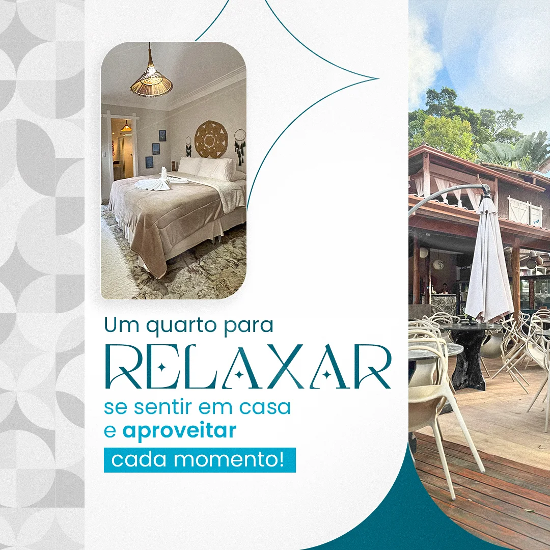 Arte de social media 'Um quarto para relaxar', mostrando quarto com cama arrumada e o deck do restaurante da Blue Ocean Flats