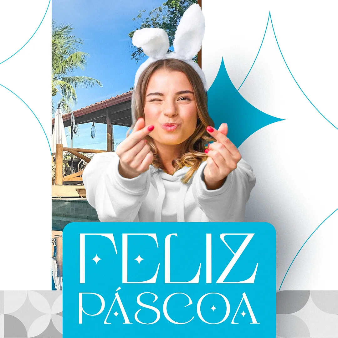 Arte de social media de Feliz Páscoa, com jovem de orelhas de coelho e a área da piscina da Blue Ocean Flats ao fundo