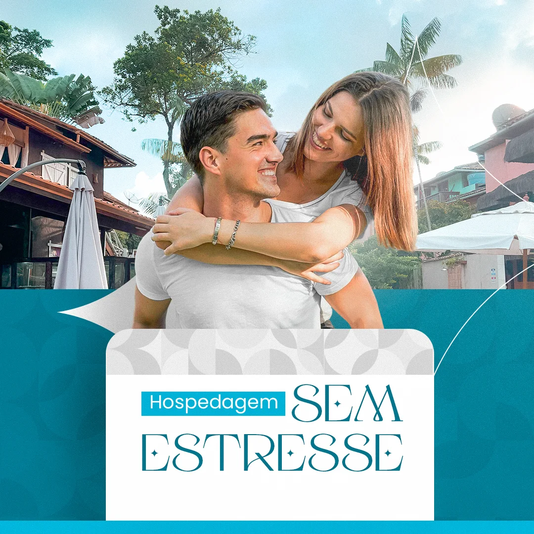 Arte de social media 'Hospedagem sem estresse', com casal sorrindo em frente aos chalés e ombrelones da Blue Ocean Flats