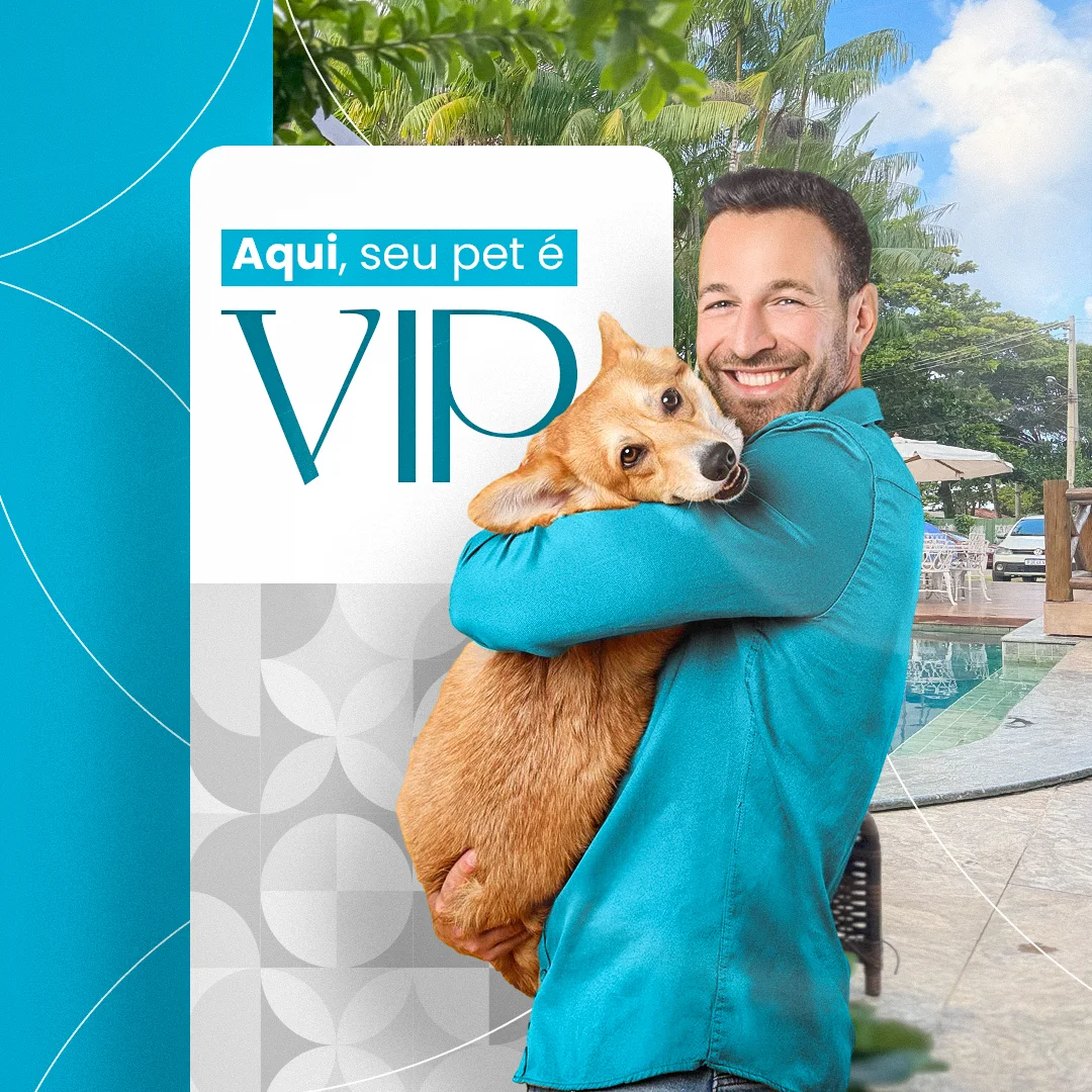 Arte de social media 'Aqui, seu pet é VIP', com homem abraçando um cachorro corgi na área da piscina da Blue Ocean Flats