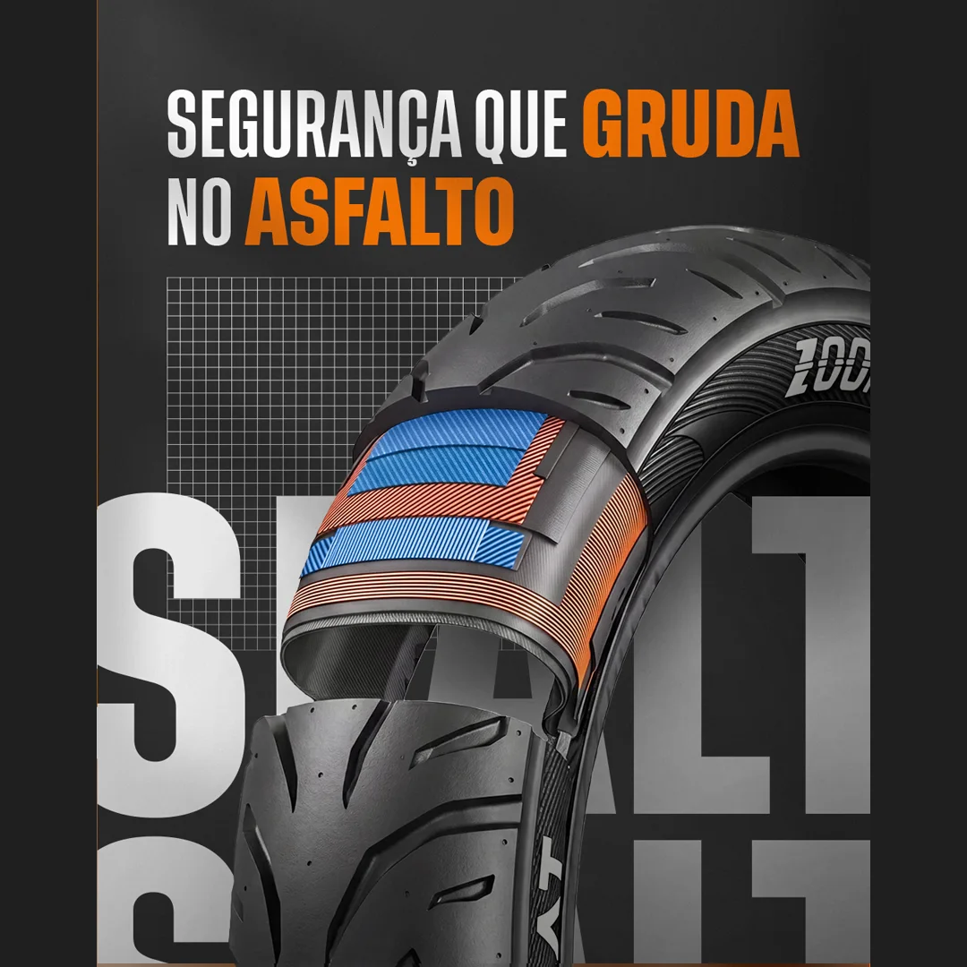 Post da CEAT em fundo escuro com pneu de moto em corte mostrando camadas internas e título 'Segurança que gruda no asfalto'