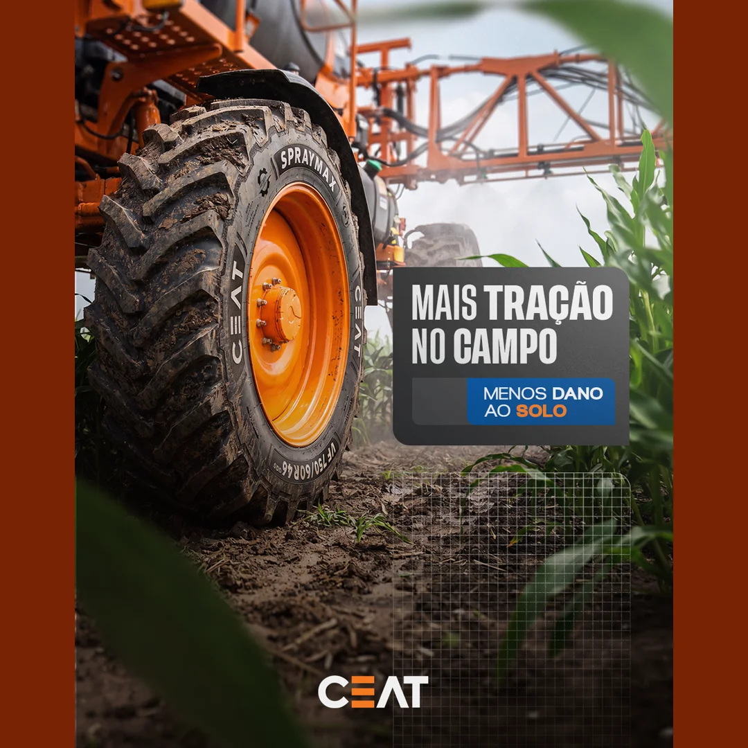 Post da CEAT com pulverizador em milharal e pneu Spraymax, título 'Mais tração no campo, menos dano ao solo'