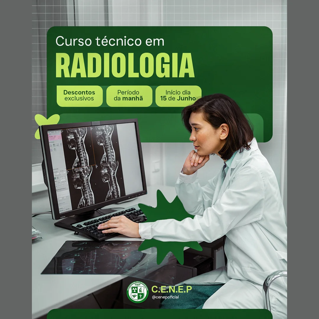 Peça de social media do curso técnico em Radiologia do C.E.N.E.P, com profissional analisando exame de coluna no monitor.