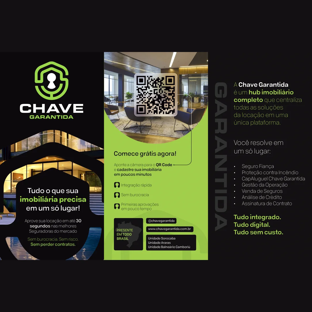Capa do folder da Chave Garantida com a chamada 'Tudo o que sua imobiliária precisa em um só lugar' e QR code de cadastro