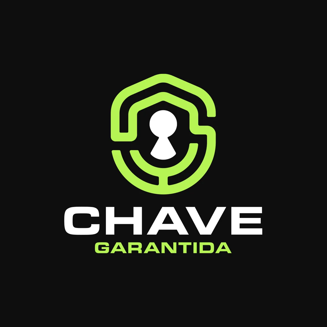 Assinatura visual da Chave Garantida: escudo verde-lima com fechadura e lettering em branco sobre preto