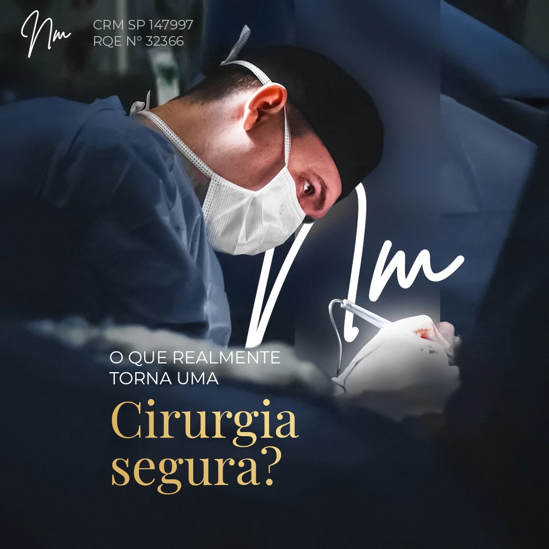 Close do Dr. Nívio Lemos paramentado em cirurgia com a pergunta 'O que realmente torna uma cirurgia segura?' e monograma Nm em marca d'água.