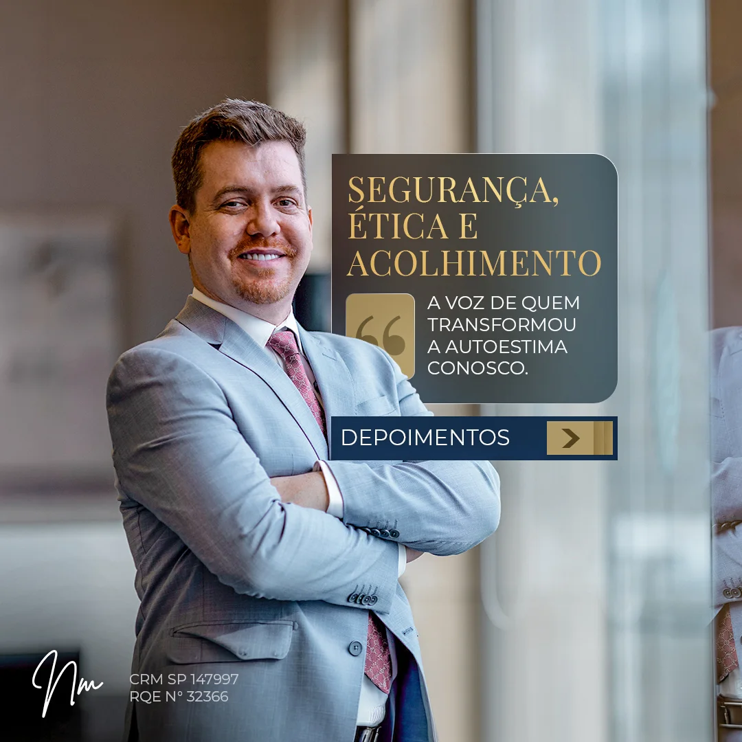 Retrato do médico de terno com card 'Segurança, ética e acolhimento' e chamada para depoimentos de pacientes.