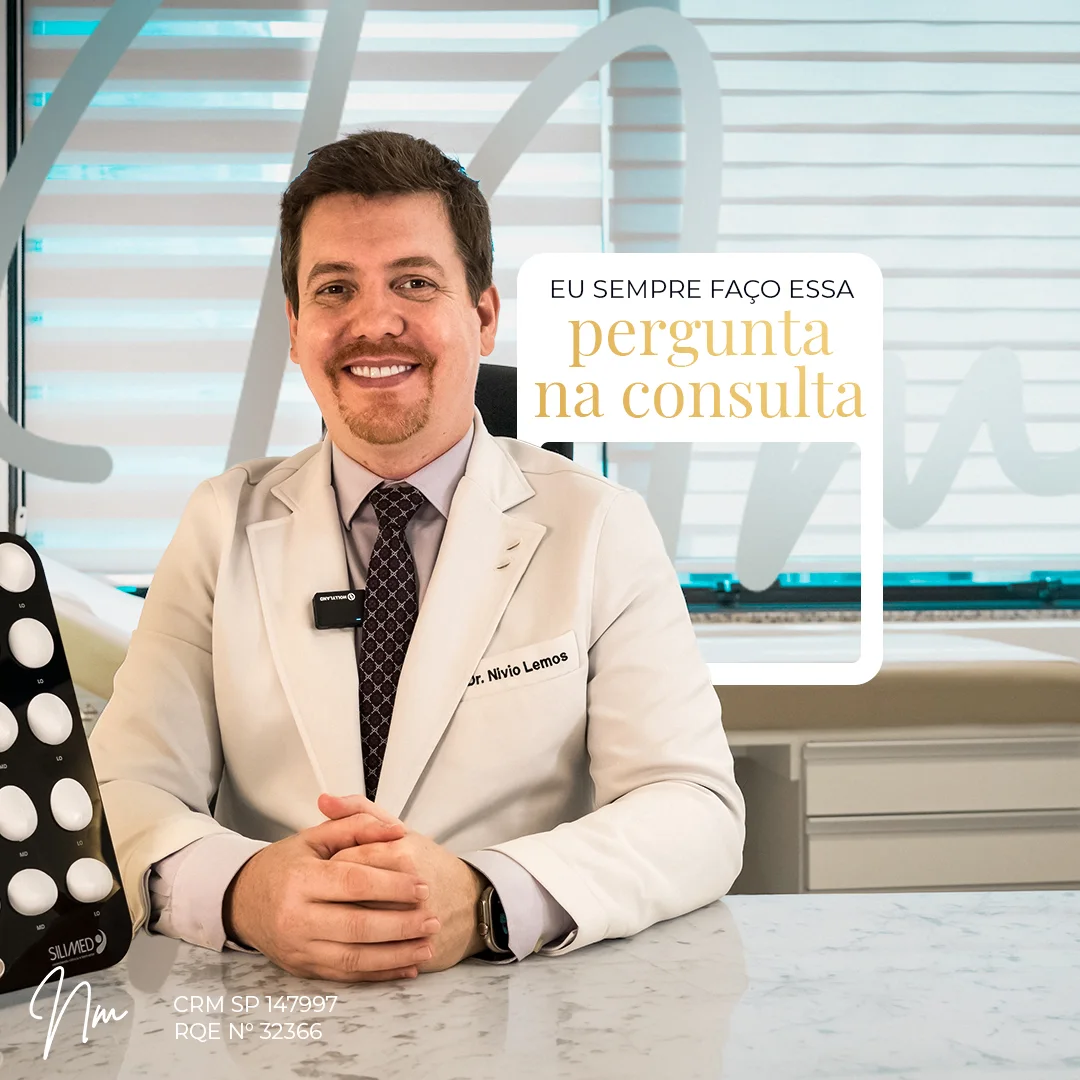 Dr. Nívio Lemos sorrindo no consultório, de jaleco bordado, com a headline 'Eu sempre faço essa pergunta na consulta'.