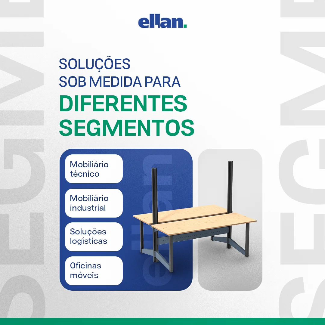 Post da Ellan 'Soluções sob medida para diferentes segmentos' com render de bancada técnica dupla e cards dos segmentos atendidos: mobiliário técnico, mobiliário industrial, soluções logísticas e oficinas móveis.