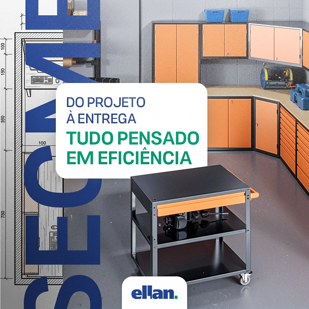 Post da Ellan com o título 'Do projeto à entrega, tudo pensado em eficiência' sobre render de oficina industrial com armários laranja e carrinho de ferramentas.