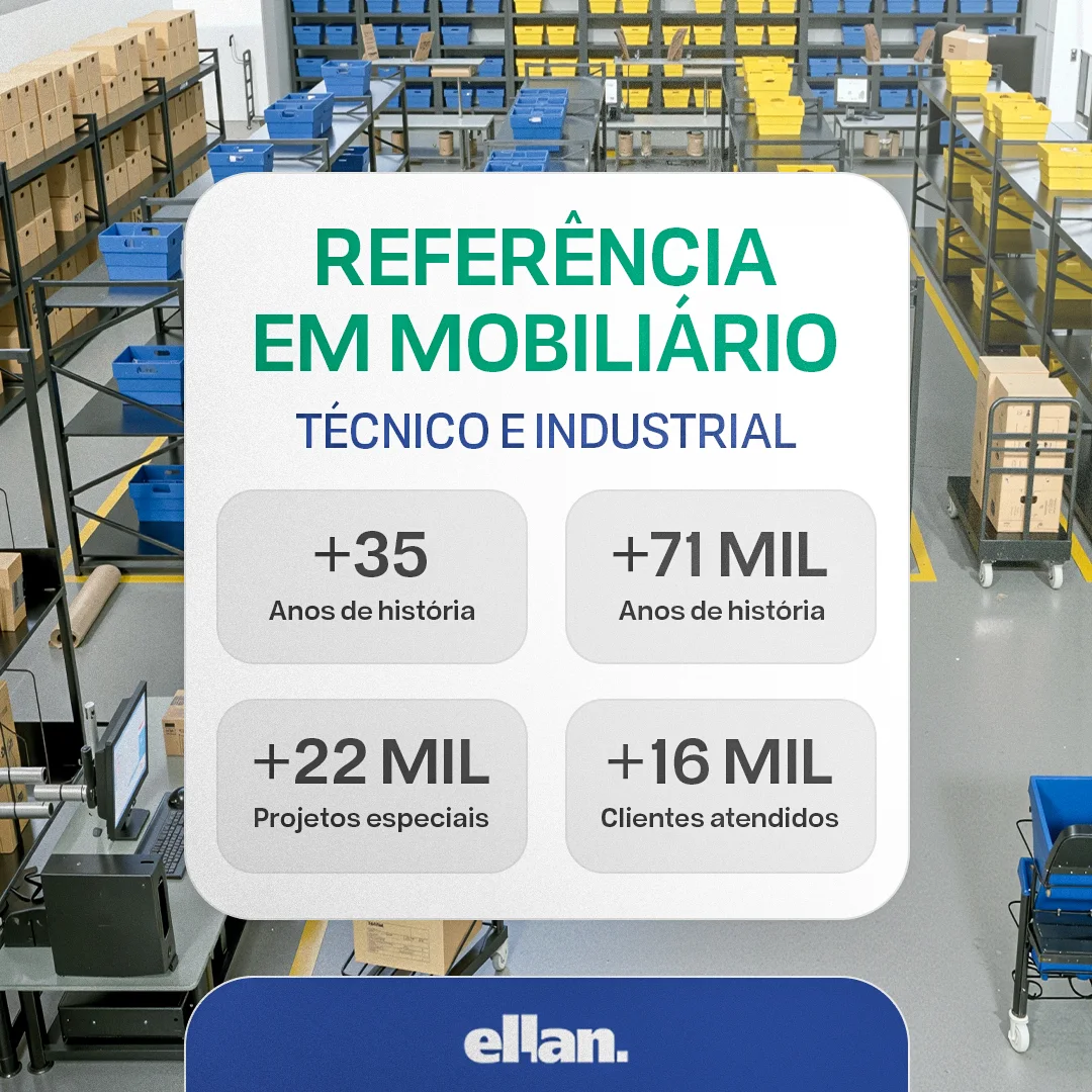 Post institucional da Ellan 'Referência em mobiliário técnico e industrial' com números declarados pela marca sobre render de galpão logístico.