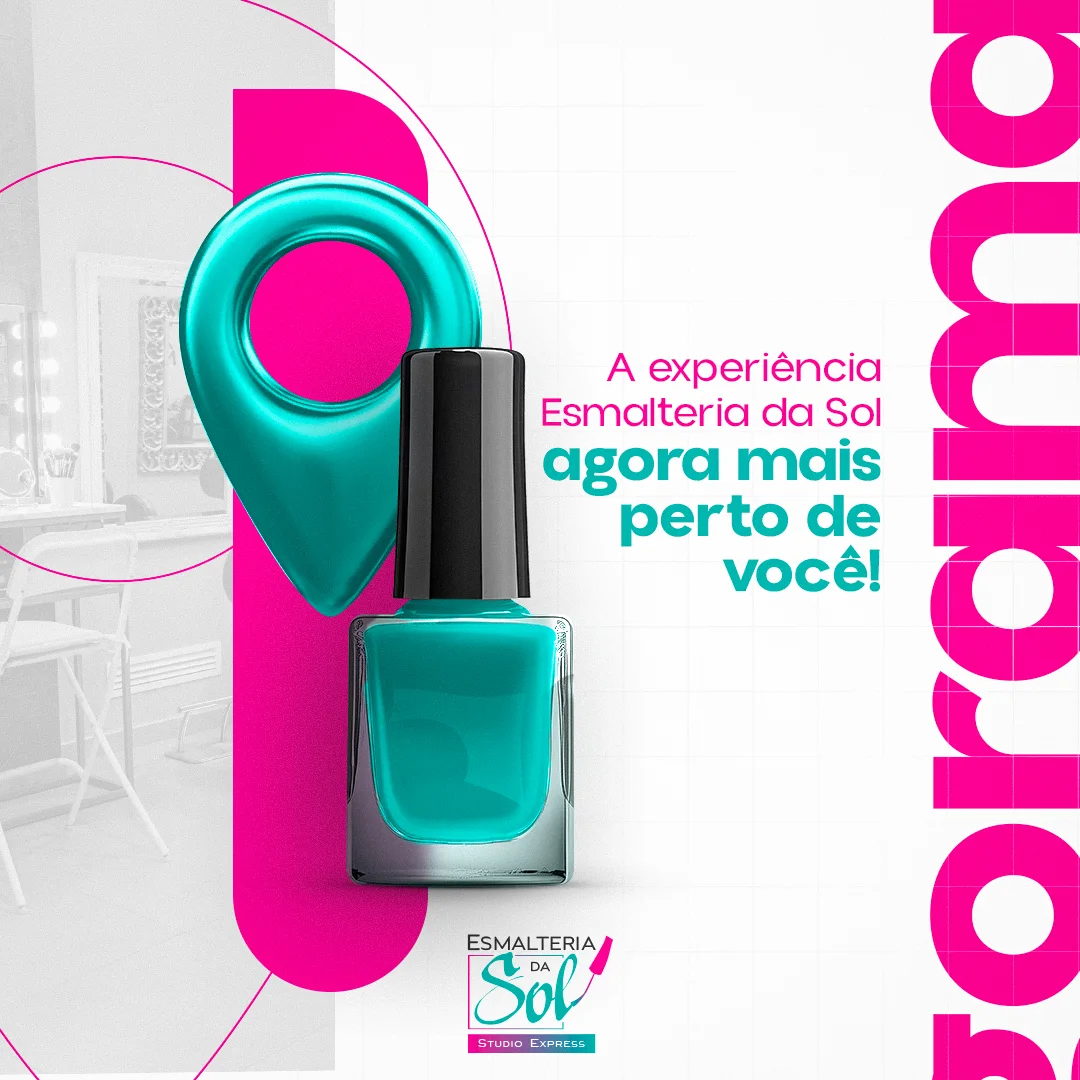 Arte 3D com frasco de esmalte turquesa e pin de localização anunciando a experiência Esmalteria da Sol mais perto do público
