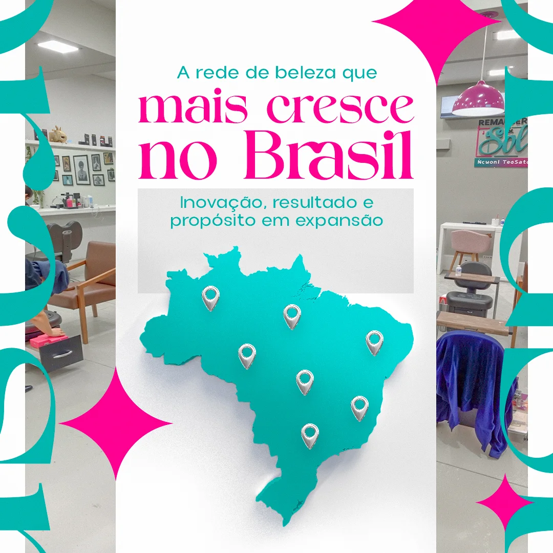 Post de expansão com mapa 3D do Brasil em turquesa marcado com pins de localização sobre fotos do estúdio