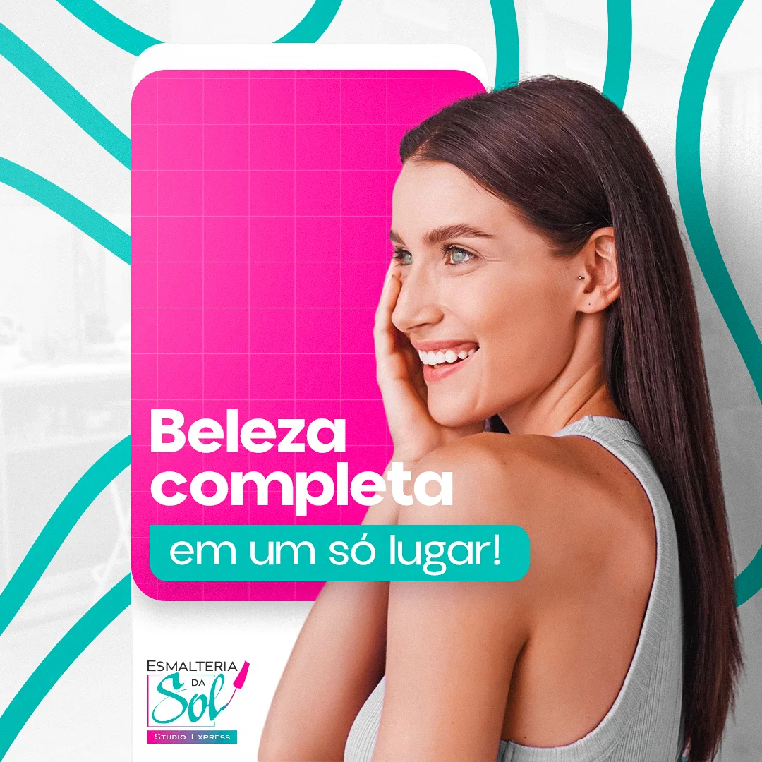 Post 'Beleza completa em um só lugar' com cliente sorrindo sobre painel pink quadriculado