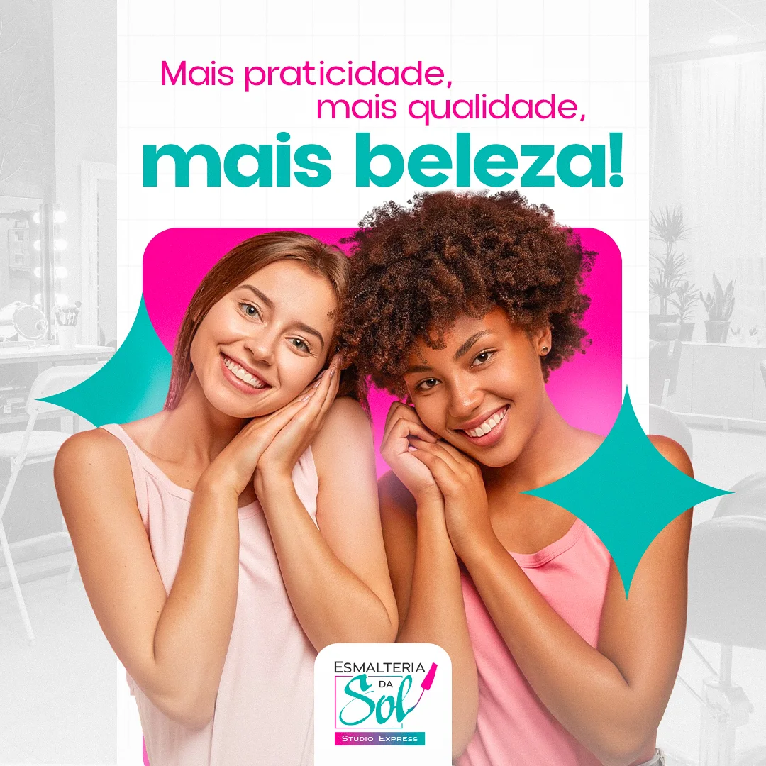 Duas clientes sorrindo em post 'Mais praticidade, mais qualidade, mais beleza' com grafismos turquesa