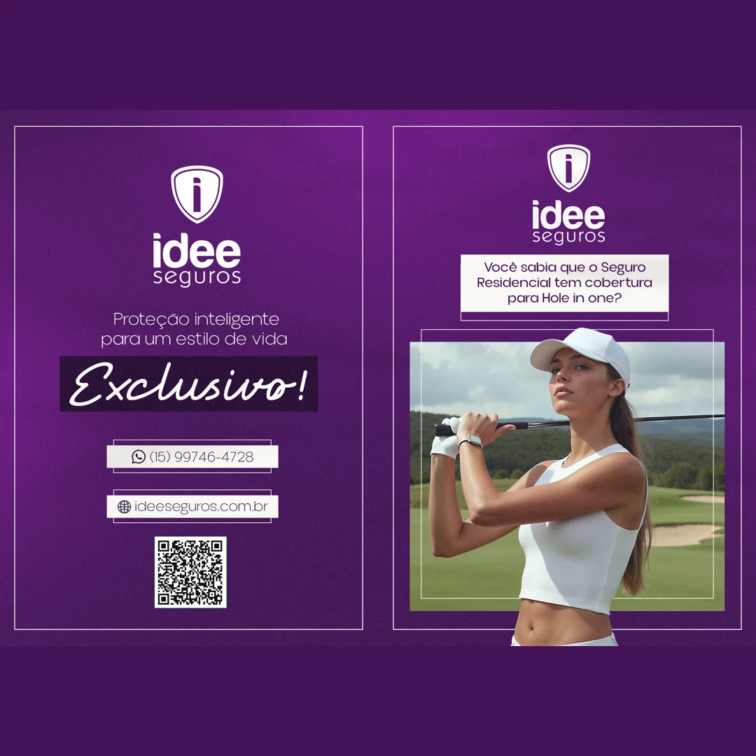 Frente e verso de flyer roxo da idee seguros com a assinatura da marca e tema de proteção para um estilo de vida exclusivo