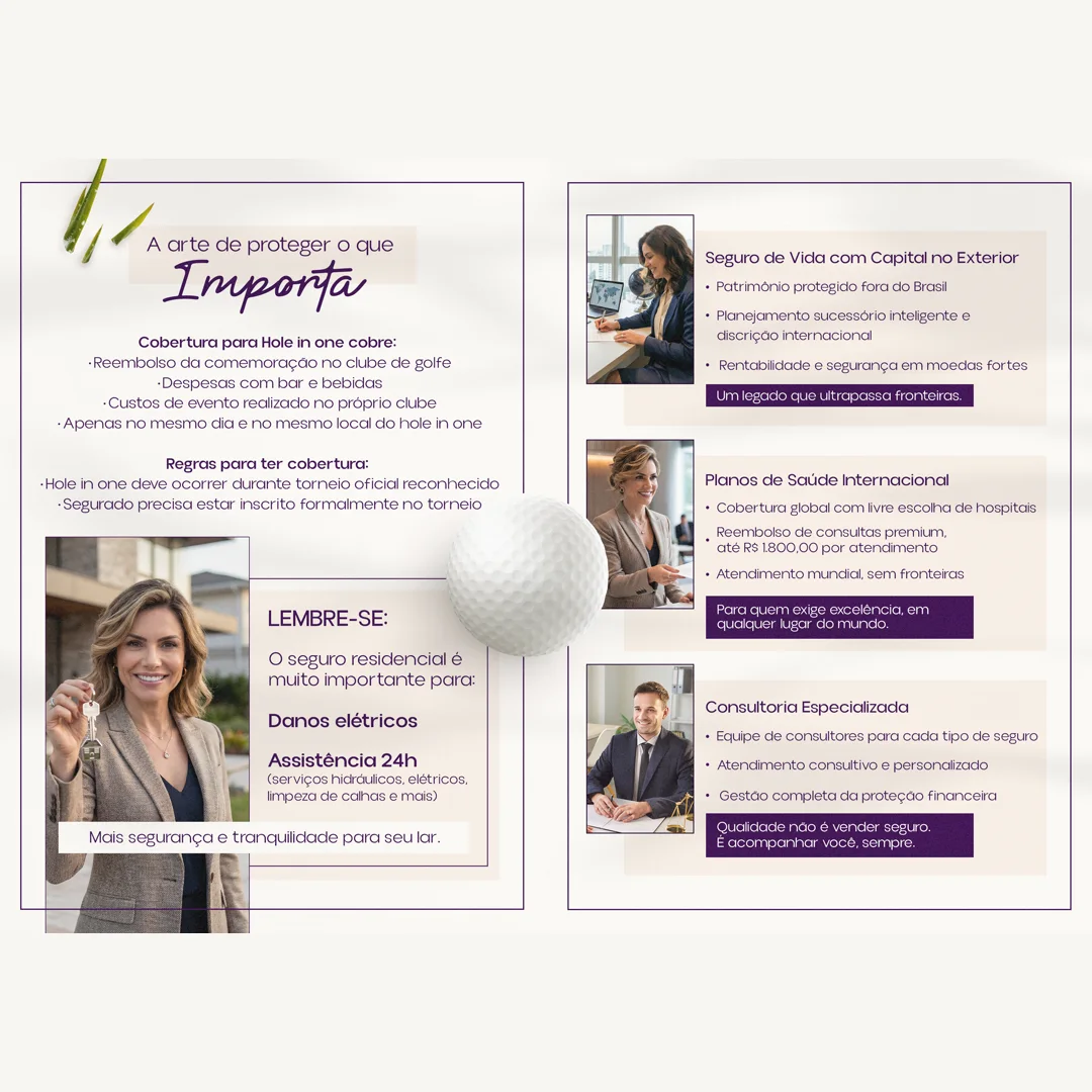 Miolo de flyer da idee seguros detalhando coberturas de seguro residencial, vida com capital no exterior e saúde internacional