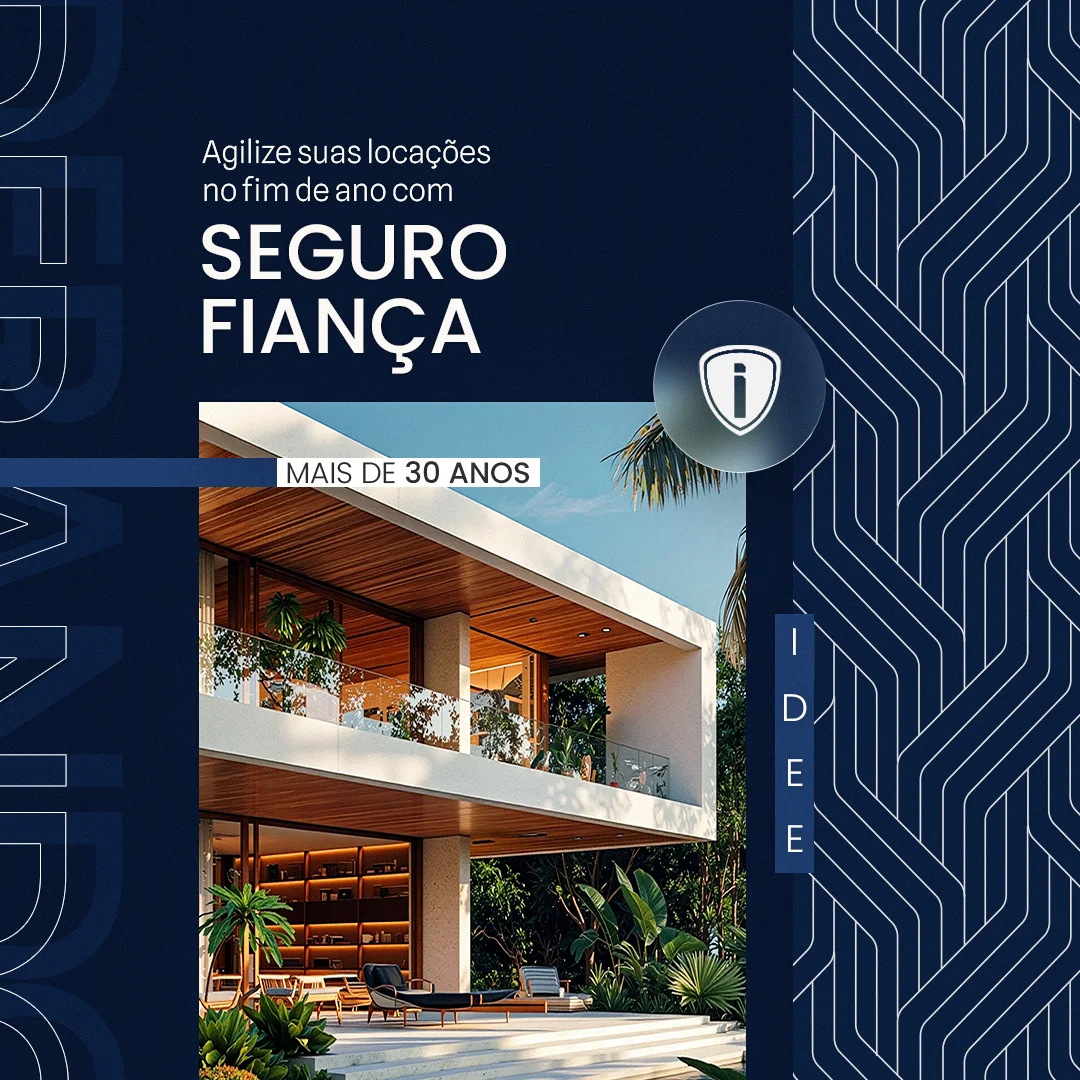 Post da idee seguros sobre Seguro Fiança, com casa contemporânea ao entardecer sobre fundo navy e padrão geométrico de linhas