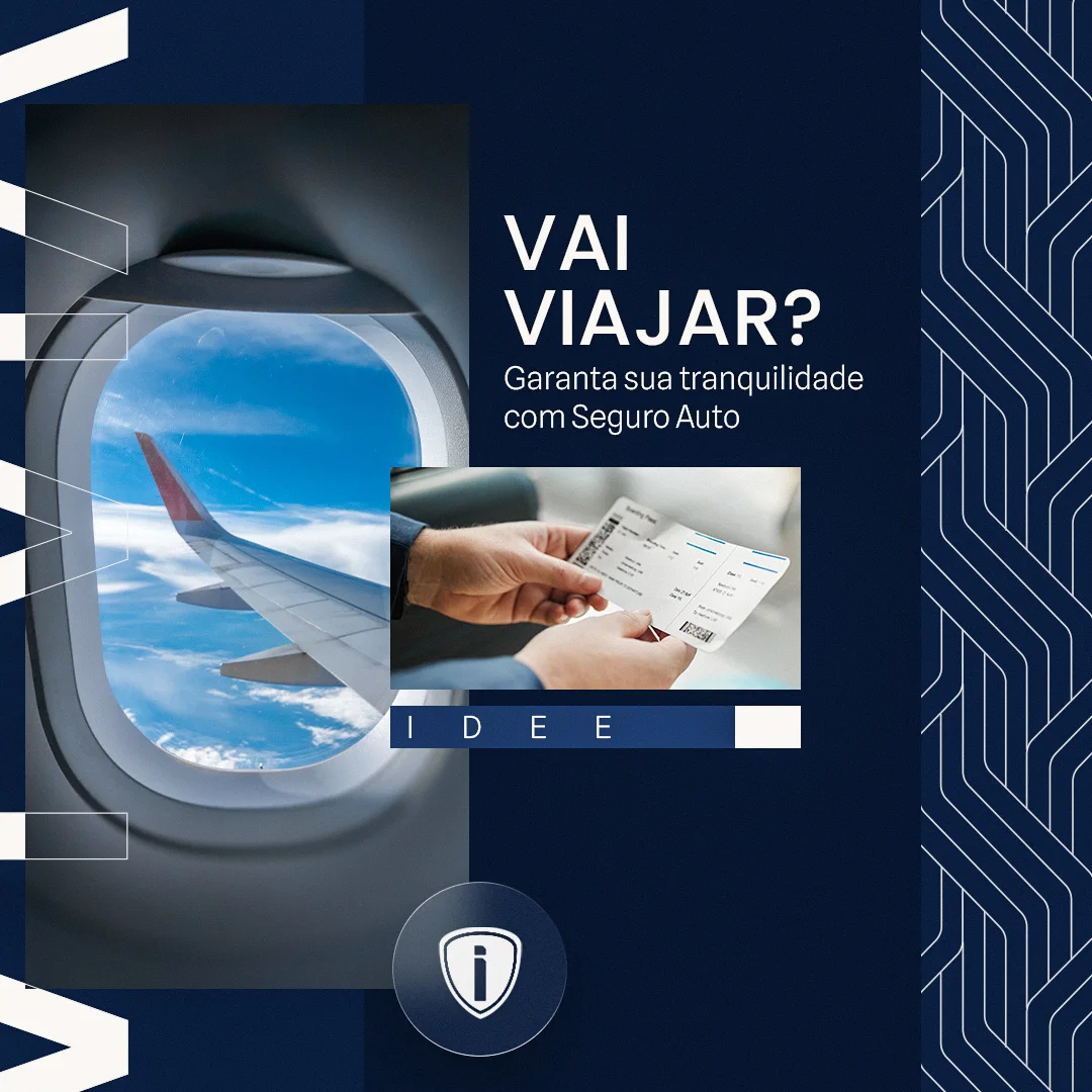 Post da idee seguros com janela de avião e cartão de embarque, com a pergunta 'Vai viajar?' e chamada para Seguro Auto