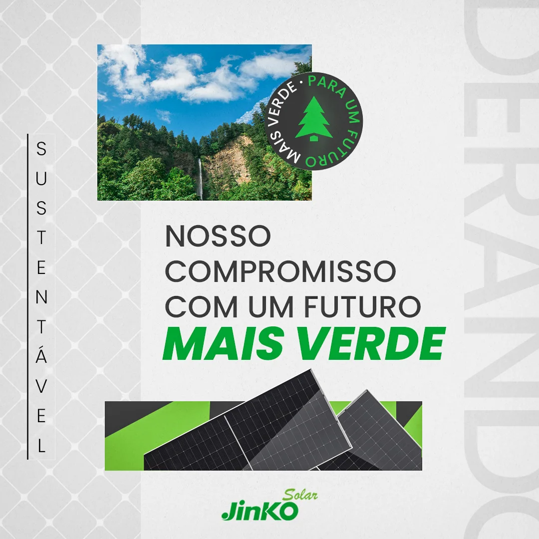 Post quadrado de sustentabilidade: no topo, foto de cachoeira e mata fechada sob céu azul, com selo circular verde-escuro "Para um futuro mais verde" e ícone de pinheiro. O título diz "Nosso compromisso com um futuro mais verde" e a faixa inferior mostra módulos fotovoltaicos.