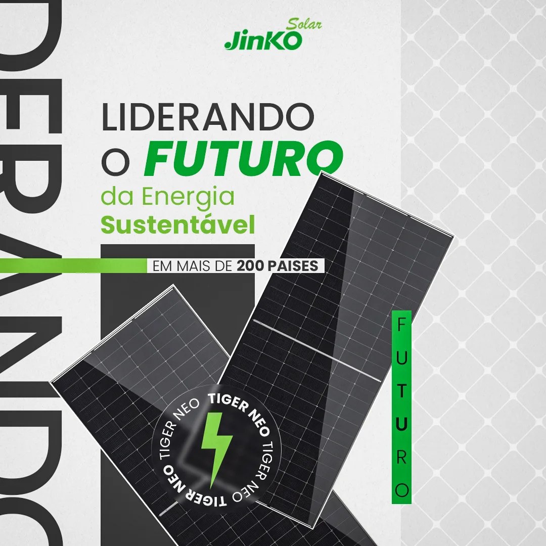 Post quadrado com o título "Liderando o futuro da energia sustentável" e a tarja "Em mais de 200 países". Dois módulos bifaciais escuros, dispostos na diagonal, ocupam a metade direita, ao lado de um selo circular "Tiger Neo" e de um raio verde.