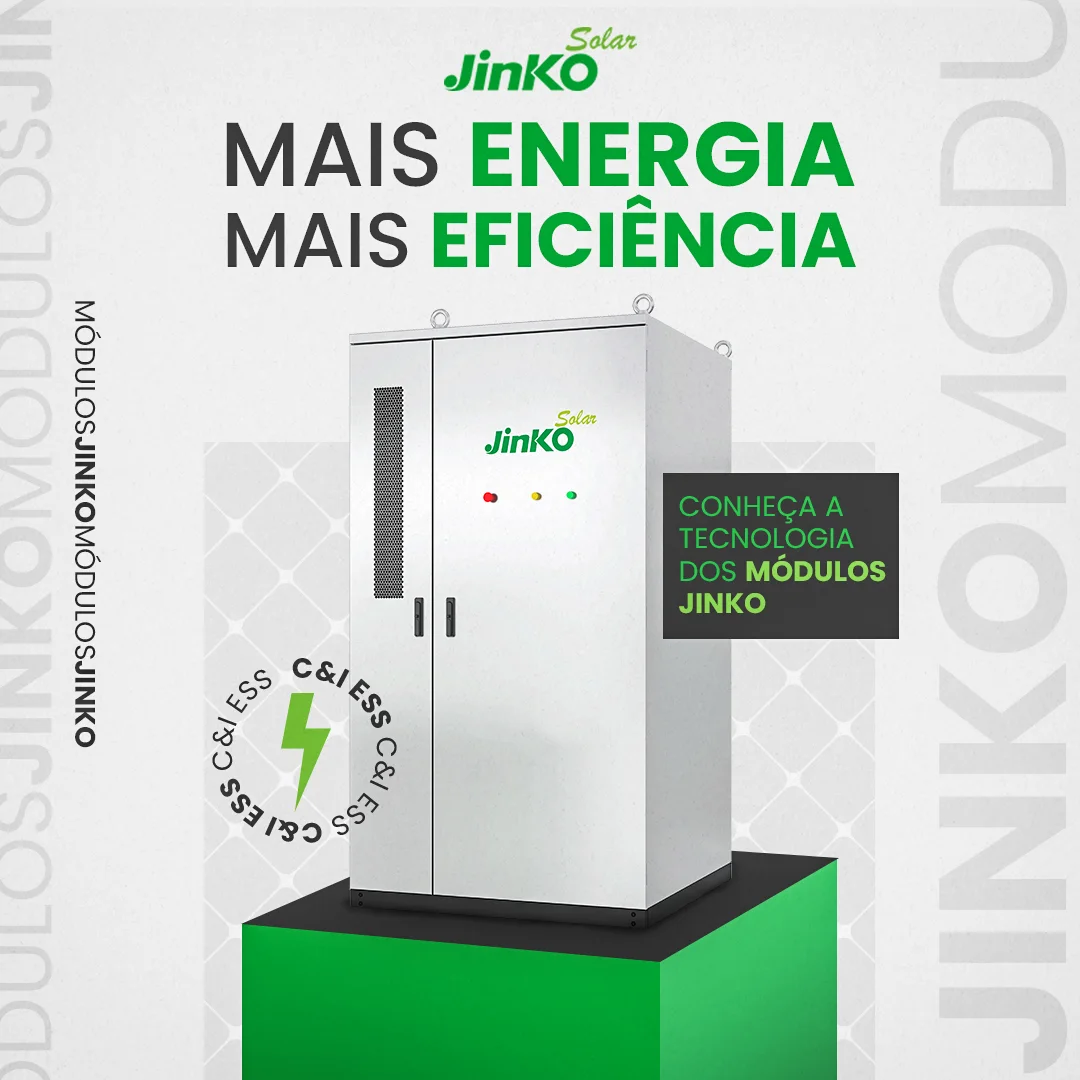Post quadrado com o título "Mais energia mais eficiência". Um gabinete branco de armazenamento C&I, com a marca Jinko Solar e LEDs vermelho, amarelo e verde, aparece recortado sobre um pedestal verde, acompanhado do selo circular "C&I ESS" e de uma caixa grafite com o texto de chamada.
