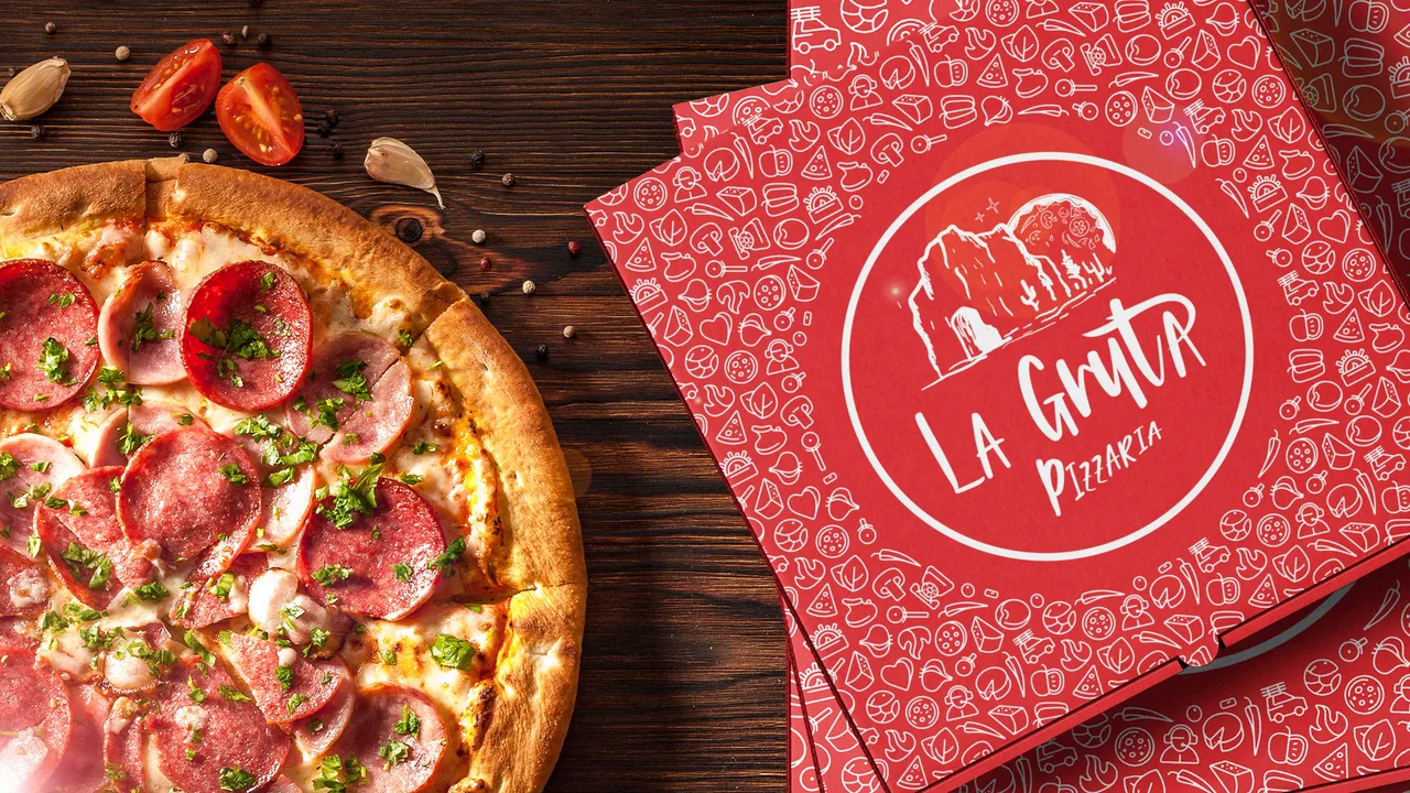 Marca La Gruta Pizzaria aplicada na embalagem
