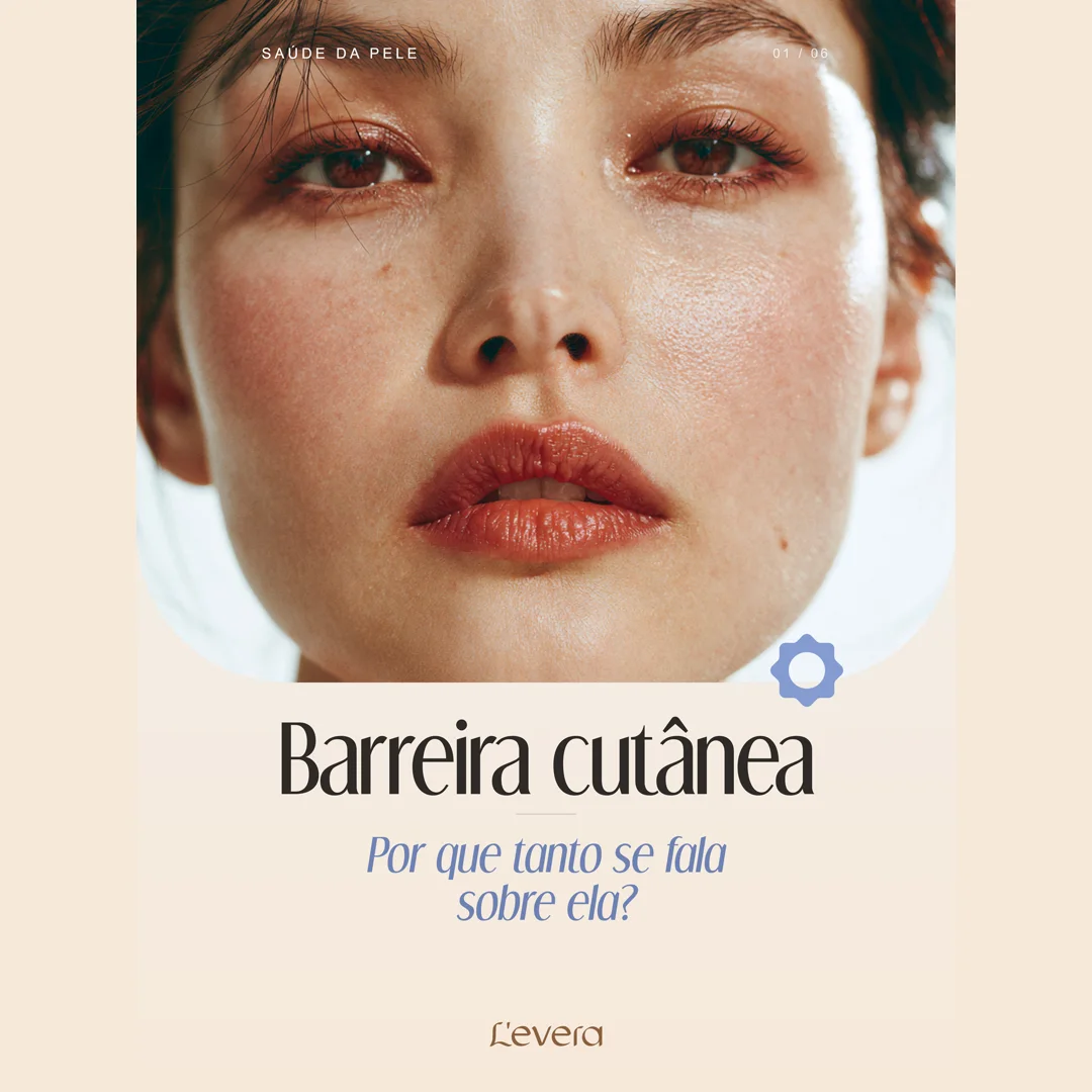 Capa de carrossel 'Barreira cutanea' da serie Saude da Pele, com close editorial de rosto e icone floral azul-pervinca