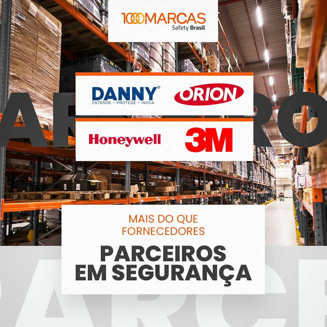 Corredor de armazém com porta-paletes laranja e painéis das marcas Danny, Orion, Honeywell e 3M, na peça 'Mais do que fornecedores, parceiros em segurança' da 1000 Marcas Safety Brasil
