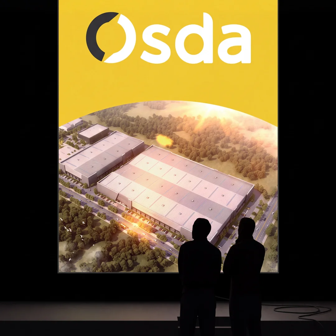 Render de palco de evento com cartaz vertical da marca Osda ao fundo.