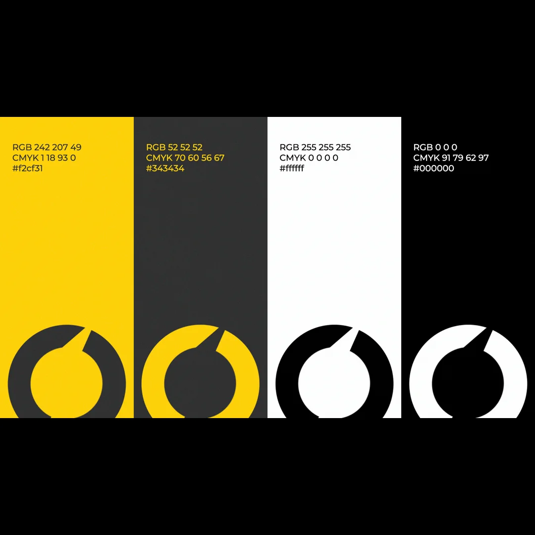 Página de brandbook com a paleta em quatro faixas verticais — amarelo, grafite, branco e preto —, cada faixa com o símbolo circular da marca e os códigos de cor declarados ao lado.