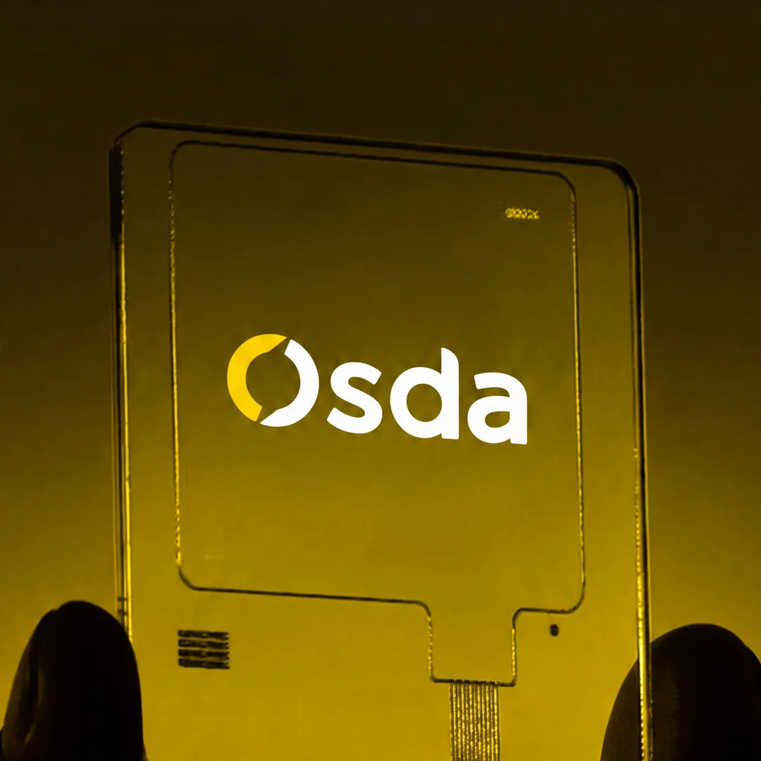 Mockup de duas mãos segurando uma placa fotovoltaica transparente com a marca aplicada.