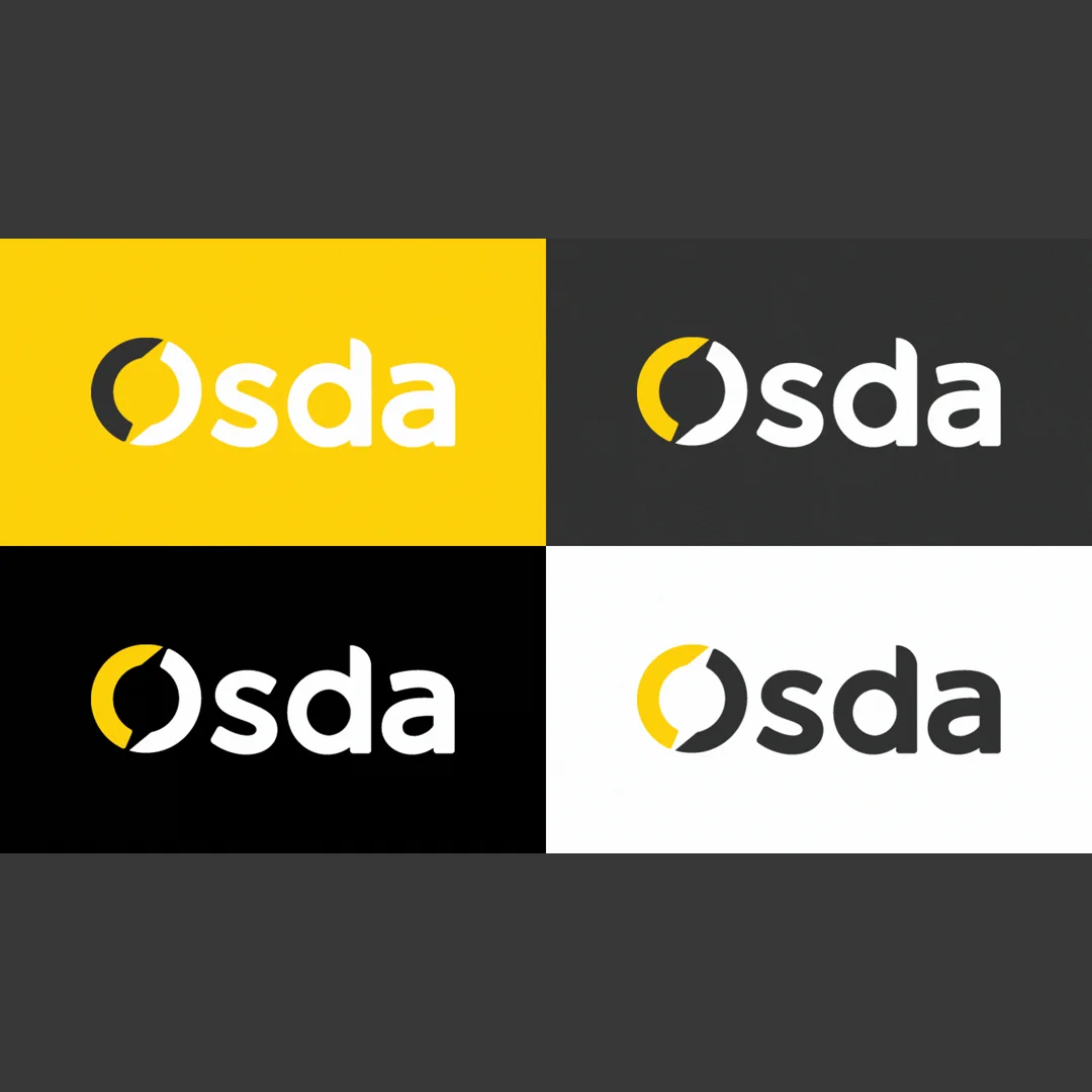 Página de brandbook com as quatro versões do logotipo Osda em grade: sobre fundo amarelo, sobre grafite, sobre preto e sobre branco, mostrando as inversões de cor do símbolo e do lettering.