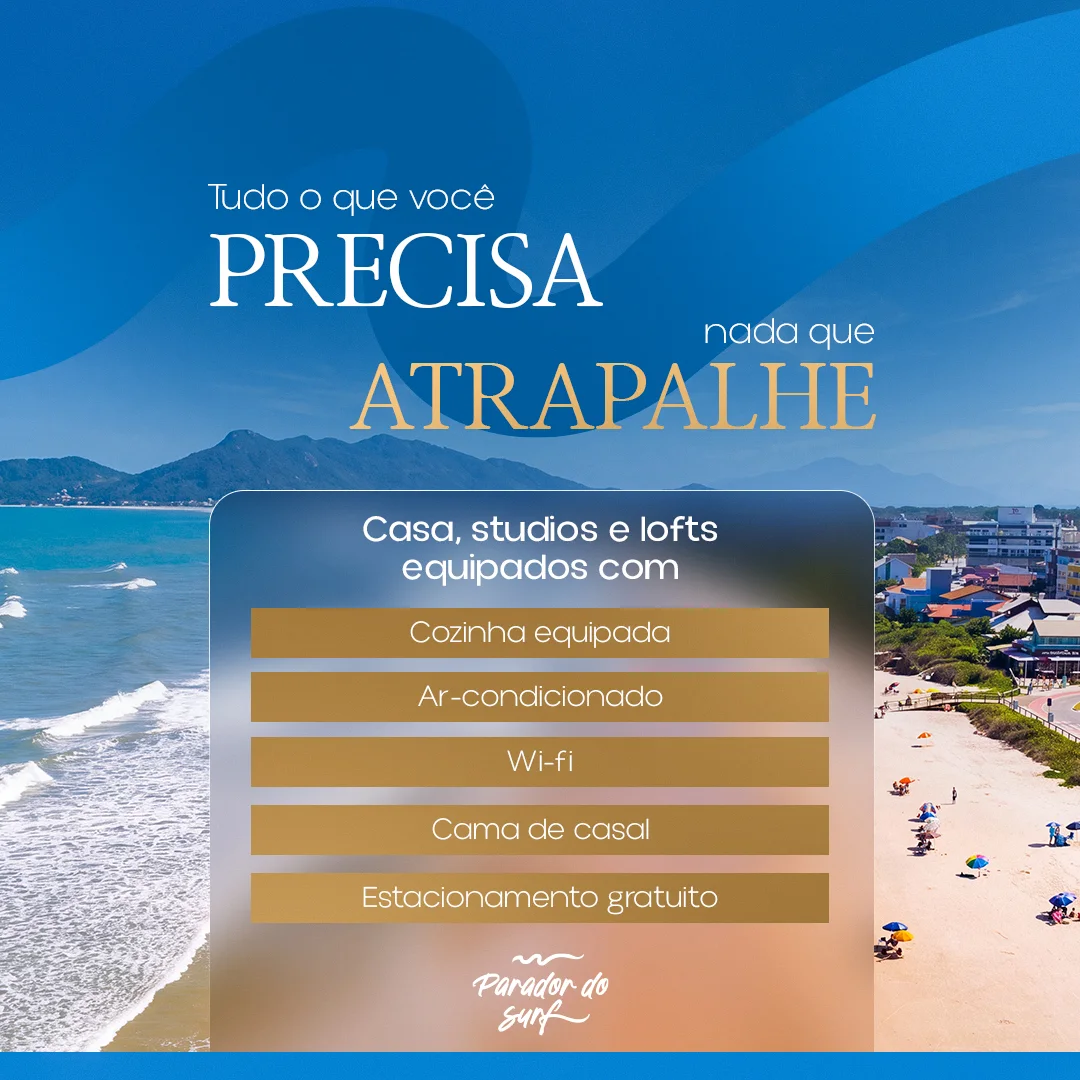 Post com a lista de comodidades das acomodacoes do Parador do Surf: cozinha equipada, ar-condicionado, Wi-Fi, cama de casal e estacionamento