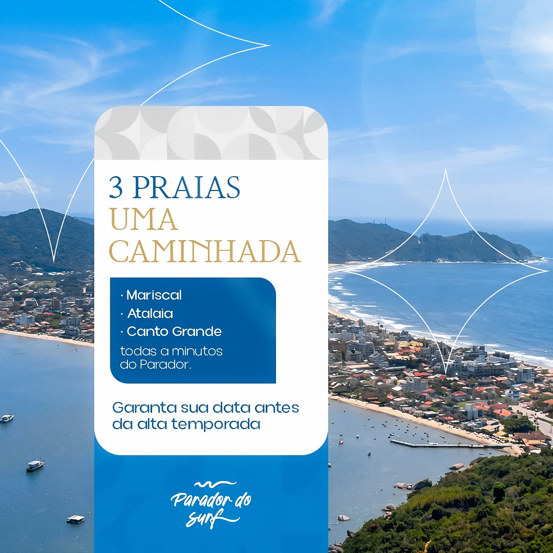 Post com vista aerea de Bombinhas destacando as praias de Mariscal, Atalaia e Canto Grande, vizinhas ao Parador do Surf