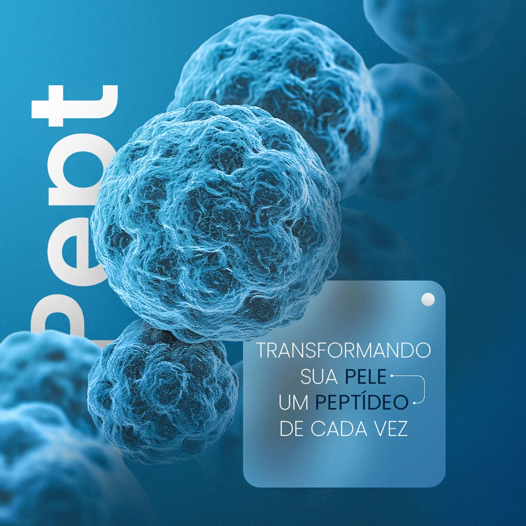Render 3D de moléculas azuis em macro com o card Transformando sua pele, um peptídeo de cada vez