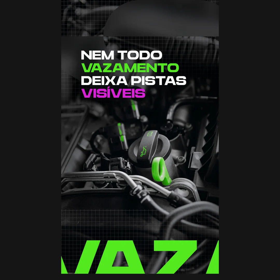Story teaser com motor em preto e branco e a frase 'Nem todo vazamento deixa pistas visíveis'