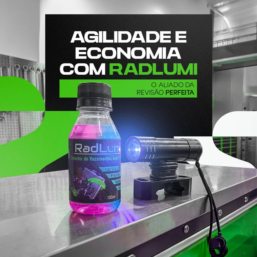 Frasco RadLumi e lanterna UV acesa sobre bancada metálica, com o título 'Agilidade e economia com RadLumi'