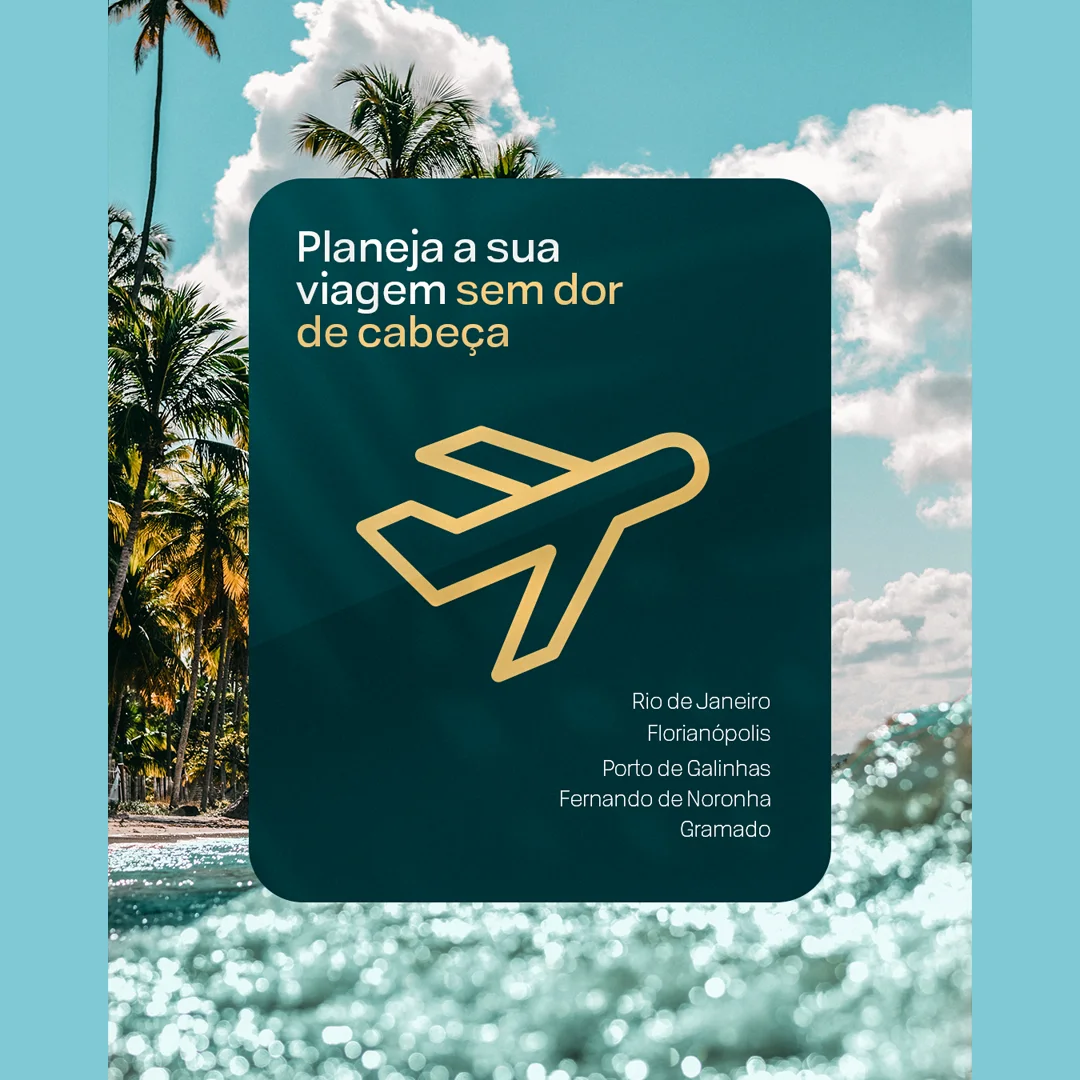 Post da SequoiaPay sobre planejar viagens sem dor de cabeça, com avião dourado e destinos brasileiros sobre foto de praia