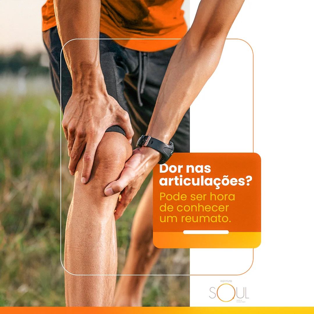Post 'Dor nas articulações? Pode ser hora de conhecer um reumato.' com homem segurando o joelho ao ar livre